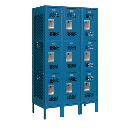 SALSBURY INDUSTRIES 3 Tier Vented Locker, 36"Wx66"Hx18"D, 9 Door, Blue, Unassembled 73358BL-U